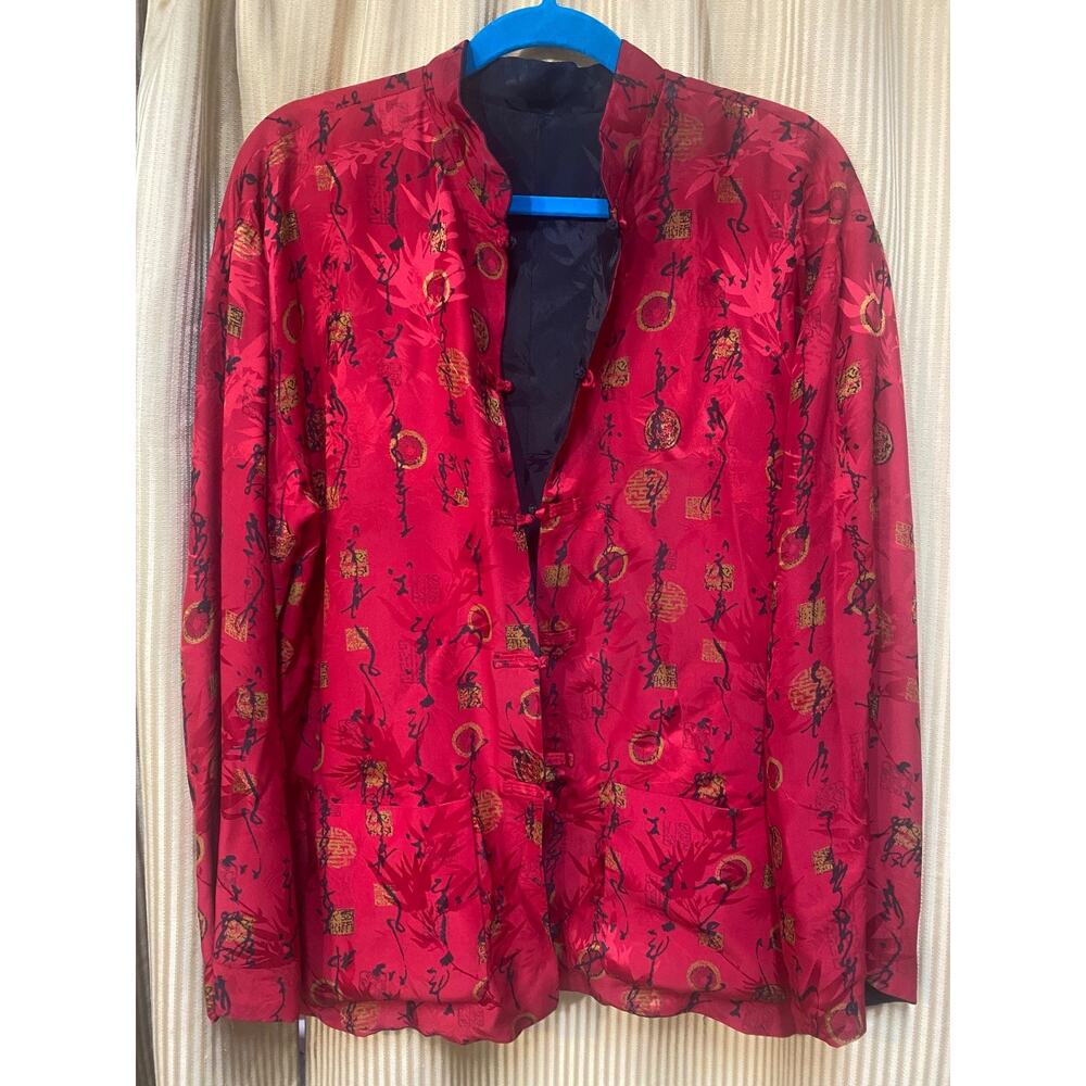 VTG Chicos Sz 2 Reversible 100% Silk Asian Artsy Jacket Red Black Print